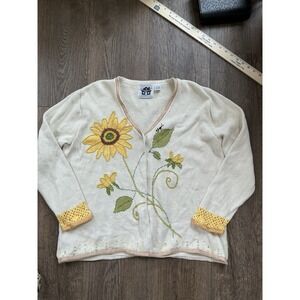 Vintage Storybook Knits Sunflower Bee Beaded Cardigan Sweater XL